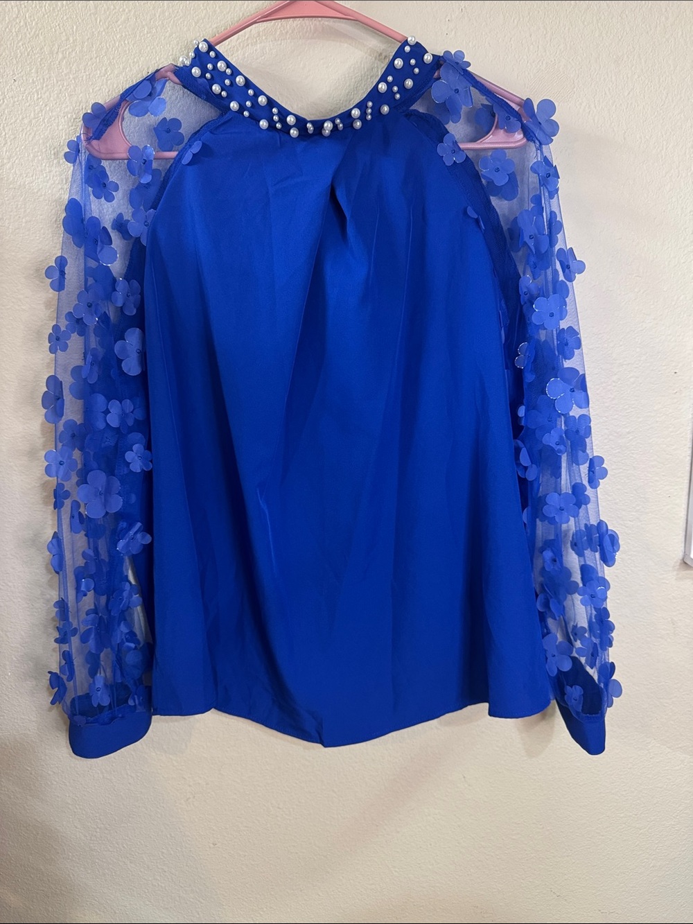 SHEIN Cobalt Blue Pearl-Trim Floral Appliqué Blouse